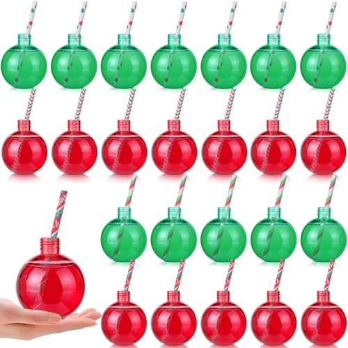 Potchen 24-piece Christmas ornament cups with straws, colorful Xmas-themed cups, 250 ml capacity, ideal for holiday celebrations.
