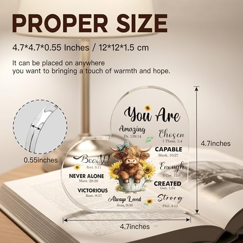 Christian Highland Cow Gifts for Women Birthday, Highland Cow Religious Spiritual Gift for Mom Friends Coworker Sisters, Inspirational Bible Verses Decor, Motivational Acrylic Desk Office Decorative Signs Plaque