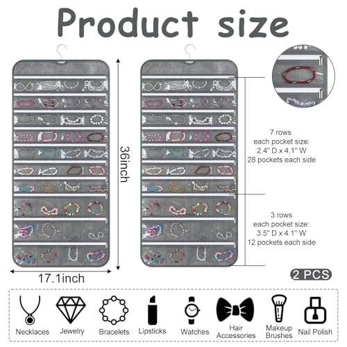 SynHHergyx 2 Pack Zippered Pocket Hanging Jewelry Organizer Dual-Sided Zipper Jewelry Holder Hanging Storage Organizer for Holding Earrings Bracelets Rings, Each with 80 Zippered Pockets
