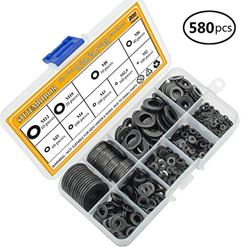 Sutemribor black zinc plated alloy steel flat washers assortment kit, 580 pieces in 9 metric sizes