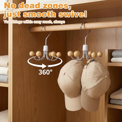 4-Pack 360° Swivel Hoodie Hanger with 6 Natural Wood Balls, Multi-Hook Closet Organizer for Sweatshirts, Purses, Hats, Bras & Accessories Storage