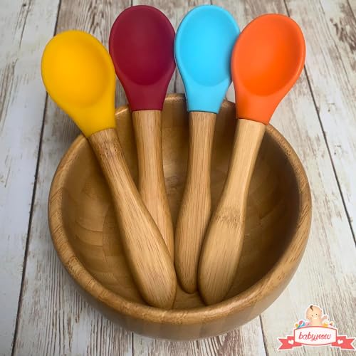 Bamboo Baby Spoons 4 PACK - Toddler Weaning Spoon - Bamboo Handle Silicone Soft Tip Spoon 5.5” Toddlers Weaning Baby Food Utensil - Mom Baby Travel Spoonset 4 Pack [MULTICOLOR]