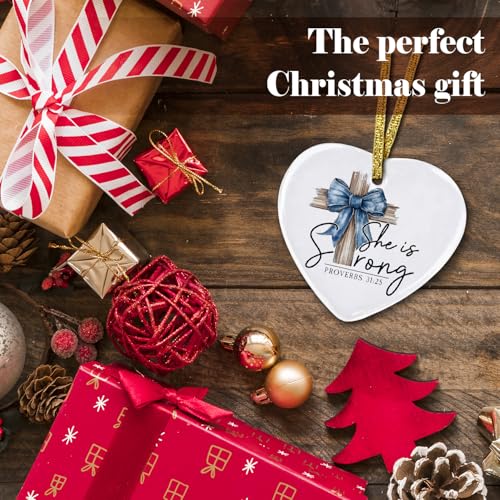 Christian Ornament, Christian Gifts for Women, Blue Bow Cross Bible Verse Heart Ornament Keepsake Sign, Proverbs 31 Woman Gifts, Religious Scripture Hanging Ornaments, 2.75x3 Inch 03-bow(02)