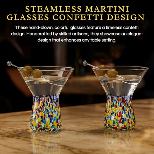Large Stemless Martini Glasses – Set of 2-8oz Luxury Hand Blown Confetti Margarita, Martinis, Cocktails, Water, Wine, Dessert & Champagne Glasses Cinco de Mayo, Hand Blown - Mexican Confetti Glass Mexican Confetti Martini Glass