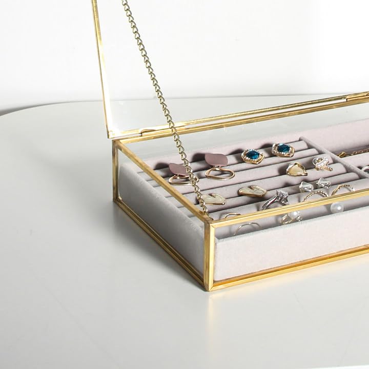 Feyarl Gold Glass Jewelry Trinket Box Ring Earring Display Holder Box Bracelet Brooch Organizer Decorative Photo Cards Collection Keepsake Case Insert Velvet Tray for Home Deco Dresser Table