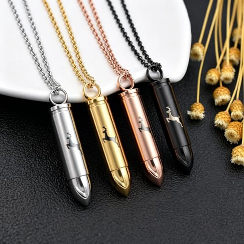SIYUU Bullet Cremation Jewelry for Ashes Vial Deer Engraved Urn Necklace Stainless Steel Ash Container Keepsake Pendant Memorial Jewelry for Men Women Gold-Dad
