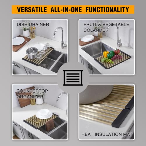 Nicmondo foldable over sink dish drying rack with 304 SUS stainless steel, brushed gold finish, cuttable silicone edge, 19.7 x 11.42 inches