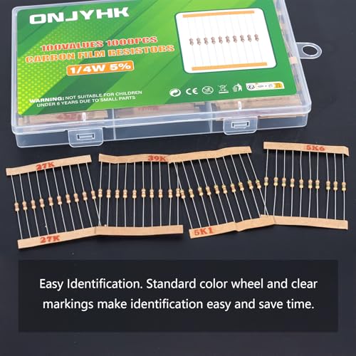 100 Values 1000 Pieces Resistors Set 1/4 W Carbon Film Resistance Assortment 0 Ohm to 5.6 m Ohm 1/4 Watt 5% Carbon Film Resistor Kit 1/4W 5%