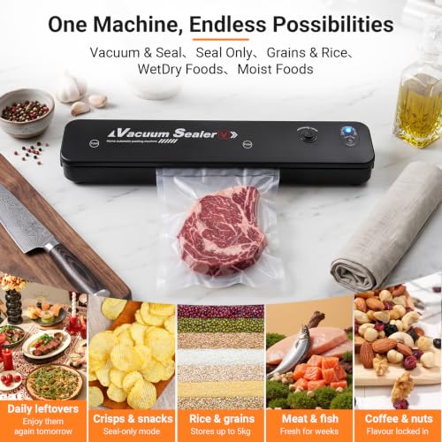 Vacuum Sealer Machine with 30cm Longer Dry Vacuum & 60 KPA Powerful Suction, Pulse Mode for for Vac/Seal/Rice/Dry, Equipped LED Light, Includes 10 Bags, Ideal for UK Kitchen Storage UK 3-Pin Plug Black