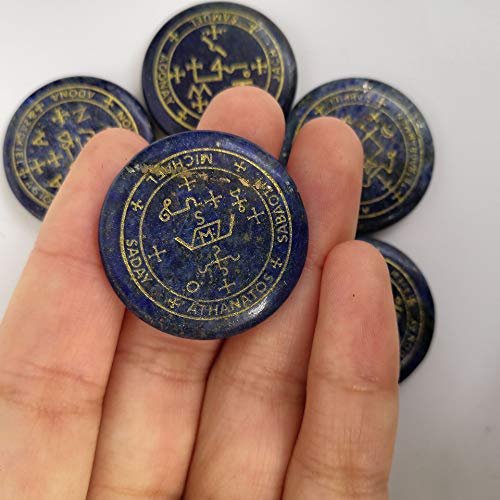 7 Piece Archangel Engraved Crystal Stone Set, Natural Gemstone Palm Disc with Gold Magic Symbols, Spiritual Decor Meditation Pocket Stone Gift Set,Lapis Lazuli Lapis Lazuli