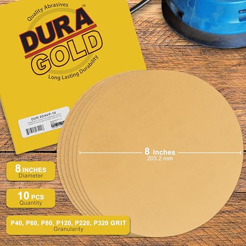 Dura-Gold 8-inch gold PSA sanding discs variety pack, grits 40 to 320, two each visible in package
