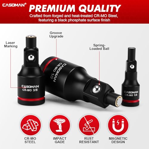 CASOMAN 6-Piece Magnetic Socket Extension Set, 1/4", 3/8", 1/2" Drive Socket Adapters with Magnetic Tips, CR-MO, for Keep Bolts, Automotive and DIY Repairs, Tight Spaces