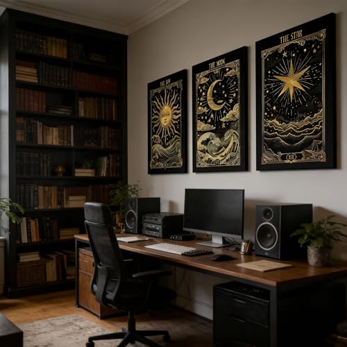 3Pcs Sun And Moon Celestial Canvas Wall Art Tarot Painting Picture Wall Decor astrology Poster Print Artwork for Bed Room Living Room Apartment Bath Room Study room Home Decoration Tarot Canvas 12L"x16W"Canvas
