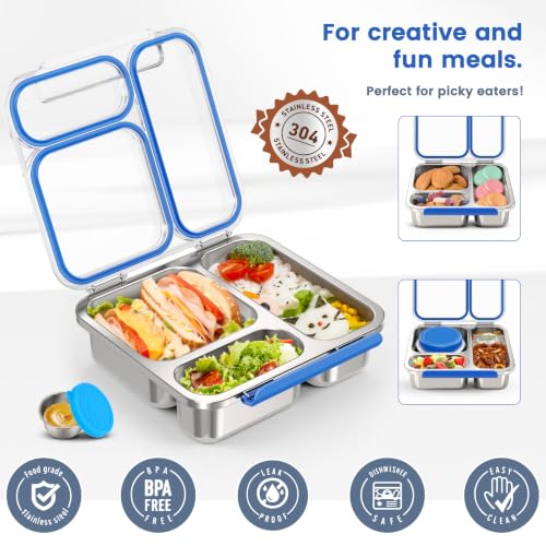 Stainless Steel Bento Box Kids Adult with 7oz Soup Thermo, Transparent Lid 3 Compartments Metal Bento Lunch Box with Insulated Food Jar,Lunch Box Container Sauce Cup for School,BPA-Free(Blue) Blue