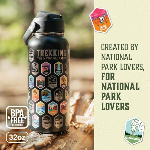 Trekking The National Parks Water Bottle with 63 Waterproof Stickers & 3 Lids (Straw, Spout, & Chug) | 32 Oz Insulated Wide Mouth Stainless Steel Bottle for Camping & Hiking | BPA-Free and Leak-Proof Black