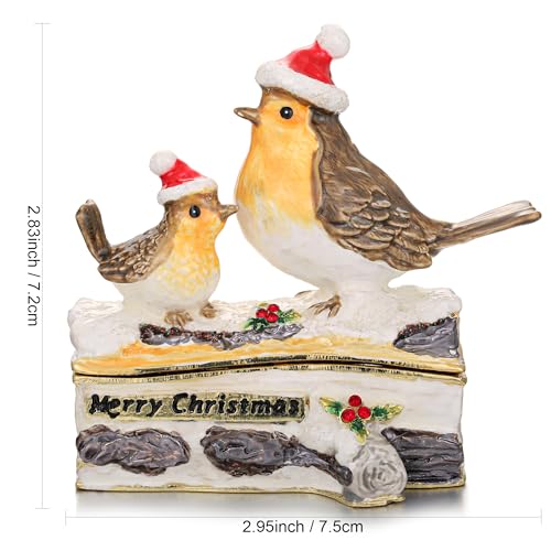 Hand Painted Enamel Christmas Robin Bird Trinket Box, Hinged Jewelry Organizer Storage, Unique Home Decor Keepsake Collectible Figurine, Personalized Decoration Ornament Gifts (Grey Christmas Sparrow) Grey Christmas Sparrow