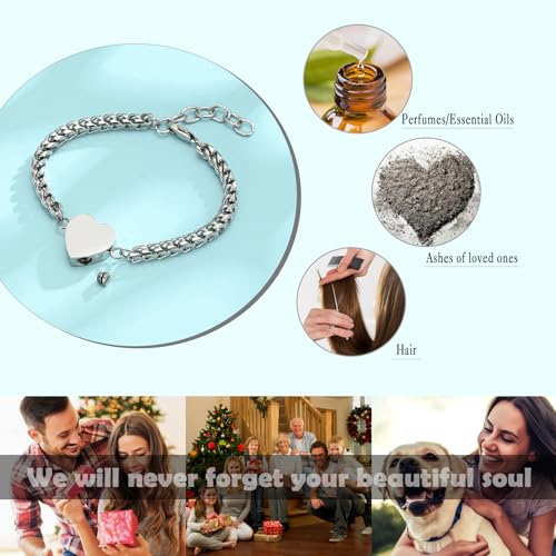 Heart Cremation Urn Bracelet for Ashes, 316L Stainless Steel Memorial Jewelry, Adjustable Cuban Link Keepsake Bracelet for Pet/Human Loss, Filling Tools & Gift Box Included Silver