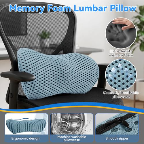 Lumbar Support Pillow, Memory Foam Lumbar Pillow for Office Chair and Car Seat, Back Pillow for Lower Back Pain Relief, Back Support Pillow for Sitting, Driving, Traveling (Blue) Blue