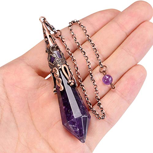 Jovivi Natural Amethyst Crystal 12 Facted Therapy Healing Dowsing Divination Pendulum - Reiki Charged Chakra Balancing Pendant with Chain