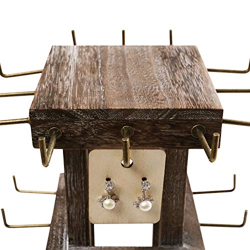 Ikee Design Wood Rotating Jewelry Display Stand Tower,Spinning Keychain Display Stand,36 Hooks Spinning Earring Display Rack for Vendor,Necklace,Bracelet, Coffee Color