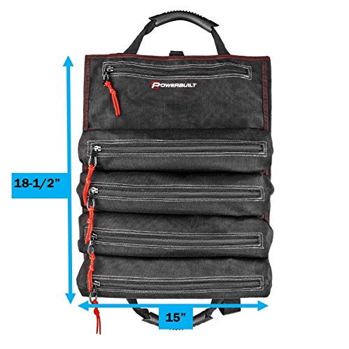 Powerbuilt Pro Tool Bag Roll Organizer, Portable, Great for Off-Road, Heavy Duty 1200D Polyester, 18-1/2 in. x 15 in. Open Size, Hanging Strap, Carry Handle, 5 Zipper Pockets, 14 Wrench Slots