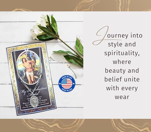 St Sebastian Medal Necklace - Pewter Saint Medal With Chain, Laminated Card, The Lord's Prayer Card - Patron of Athletes Themed Set - 3 Items