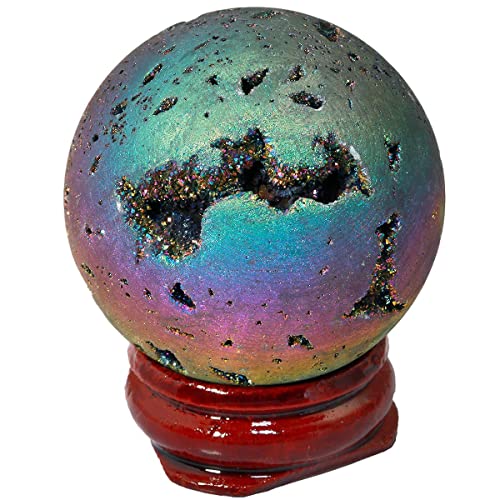 Rockcloud 2 Pcs Titanium Coated Rainbow Quartz, Crystal Table Desk Decoration for Home Party, Raw Quartz and Stone Sphere