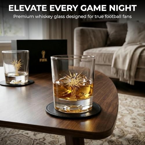Official FIFA World Cup 2026 Edition - 8oz Whiskey Glass & Leather Coasters Gift Set - 2 of Each - Perfect for Parties, Bars, Tailgates, Mancaves & Gamedays - Once in a Lifetime Drinkware Set