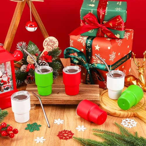 Whaline 12 Pack Christmas Mini Tumbler 3oz Mini Shot Glass Xmas Red Green White Stainless Steel Insulated Sublimation Cups with Lids Straws for Holiday Birthday New Year Party