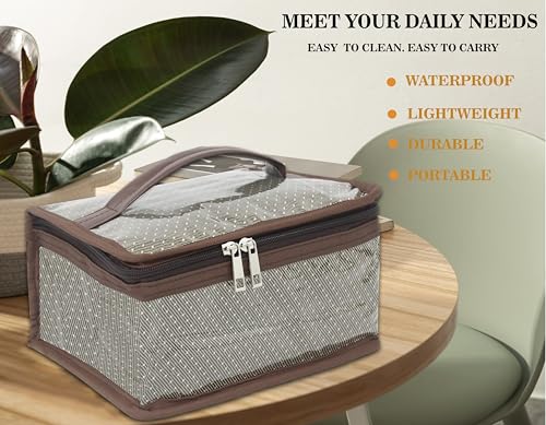 atorakushon Nylon MakeUp Organizer Case Travel Jewelry Bag Transparent Ring Earring Storage Box for Bracelet Pendant Holder with 7 Clear Zippered Pouch Brown