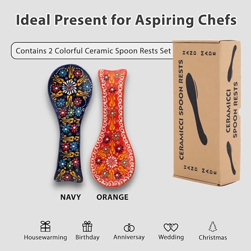 2 pcs Handmade Ceramic Spoon Rest for Kitchen Counter and Stove Top – Large Cooking Utensil Rest, Decorative Spoon Holder for Countertop (Orange-NavyBlue) Orange-NavyBlue