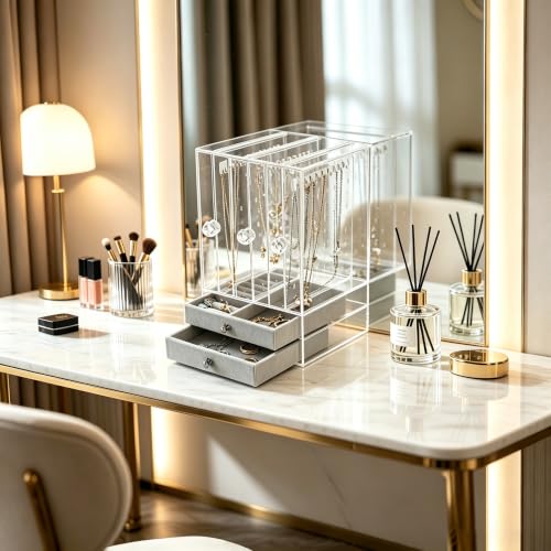 DOZZZ Acrylic Jewelry Organizer Box with 5 Drawers for Women, Clear Earring Holder Storage Display Stand Rack for Rings Necklace Bracelet 5 Layers