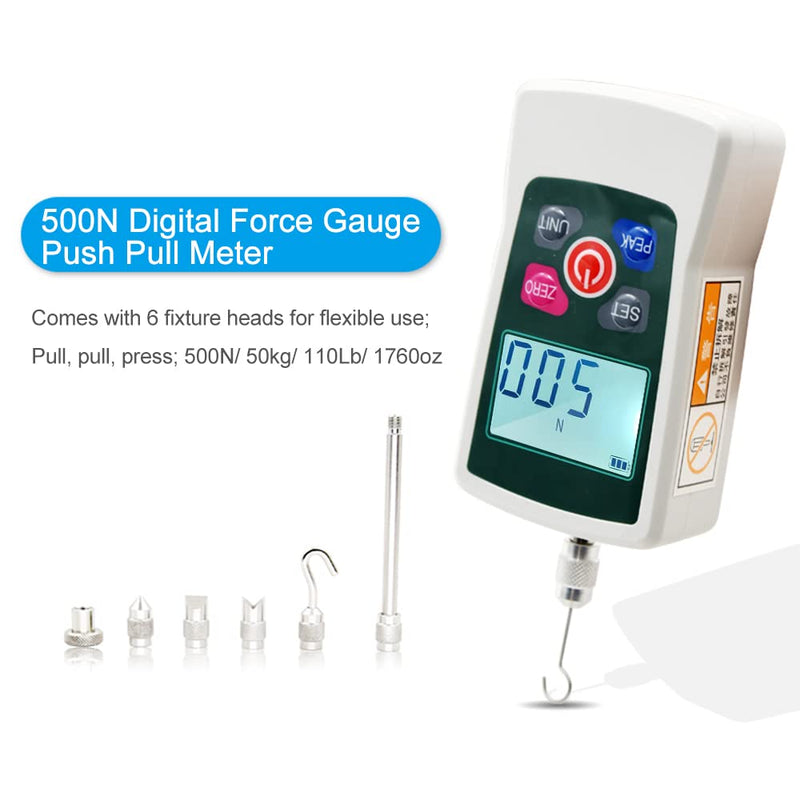 [Australia - AusPower] - Digital Force Gauge 500N/ 50kg/ 110Lb/ 1760oz Portable Push Pull Force Meter Unit Switchable Backlit Mini Dynamometer with 6 Fixture Heads, Storage Case, Auto Power off 