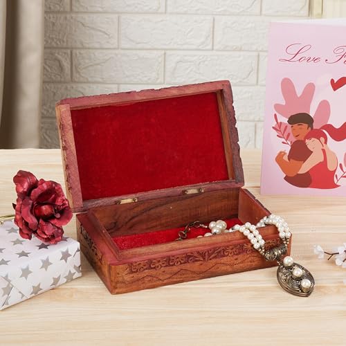 Ajuny Wooden Jewelry Box, Hand Carved Keepsake Chest - 8x5x2.5 Inch