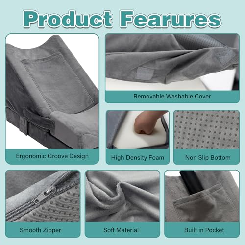 Arm Wedge Pillow Adjustable Arm Elevation Pillow with Pocket High Density Foam Ergonomic Hand Elbow Support Pillows with Removable Cover, Grey