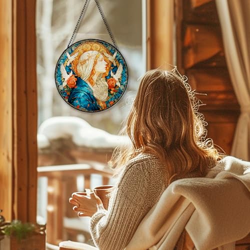 Christian Virgin Mary Suncatcher Garden Stained Glass Window Hanging, Our Lady of Grace Sun Catchers Indoor Window Glass Round Wall Decor, Religious Wall Art Hanging Decorations, ＂7.8x7.8＂