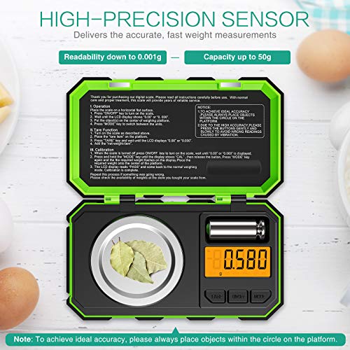 ORIA Digital Milligram Scale, 50g x 0.001g Pocket Jewellery Scale, Green 50g/0.001g