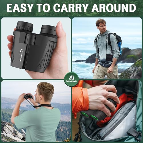Aurosports Compact Binoculars for Adults & Kids - 15x25 High Power Binoculars with FMC Lenses & High Light Transmission Ultra Lightweight & Small Binos for Bird Watching Gifts for Men Women - Black