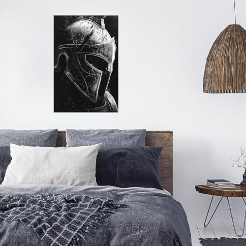 Spartan Helmet Picture Canvas Wall Art Black And White Painting Prints Artwork for Living Room Office Decoration Framed knight-10 18"L x 24"W