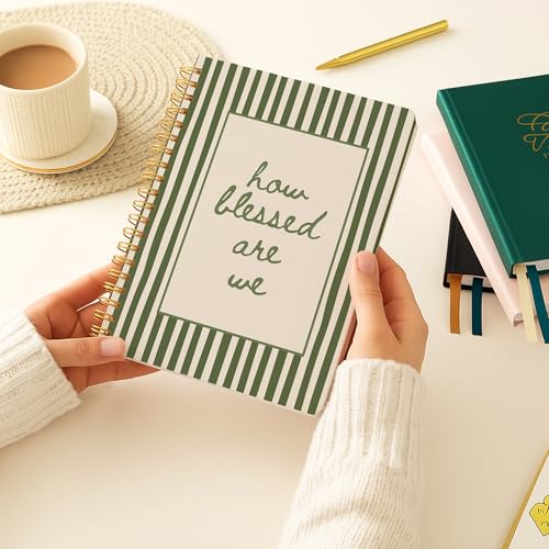 Green Striped Christian Bible Prayer Spiral Notebook Journal for woman, How Blessed Are We Religious Journal for Bible study Notebook, 5.5x8.3 Inch Green-How Blessed Are We