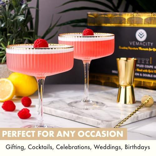 VEMACITY - Ribbed Espresso Martini Glasses Set of 4 with Gold Rims | Coupe Glasses | Vintage Cocktail Glasses for Margaritas, Champagne and More - Includes Jigger & Bar Spoon | Set of 4- 10oz