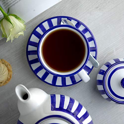 City to Cottage Handmade Dark Navy Blue Stripe Large Ceramic 12oz/350ml Cappuccino Coffee Tea Cup and Saucer, Unique Designer Pottery for Tea Lovers