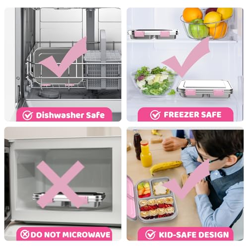 Stainless Steel Bento Box for Kids 1000ml - 3 Compartment Lunch Box for Adults, Leakproof Food Container, BPA-Free Metal Lunch Box with Silicone Seal, Eco-Friendly/Dishwasher Safe (Pink) Pink