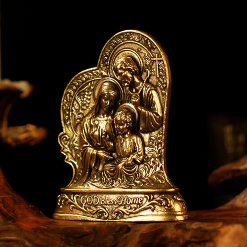 CHOVY Holy Family Statue Solid Brass, 100% Solid Brass Joseph Mary Jesus Figurine, Handcrafted Catholic Desk Ornament for Home & Office, Unique Religious Gift for Baptism, First Communion, Wedding
