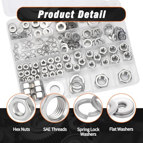KunTensile SAE hex nuts, spring washers and flat washers assortment kit, steel gray, #8 to 1/2 inch, 228 pieces