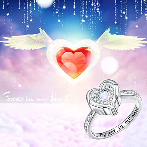 925 Sterling Silver Lab Opal Heart Urn Ring for Ashes Angel Wings Cremation Jewelry Memorial Keepsake Rings for Women Girls Easter Gifts 7
