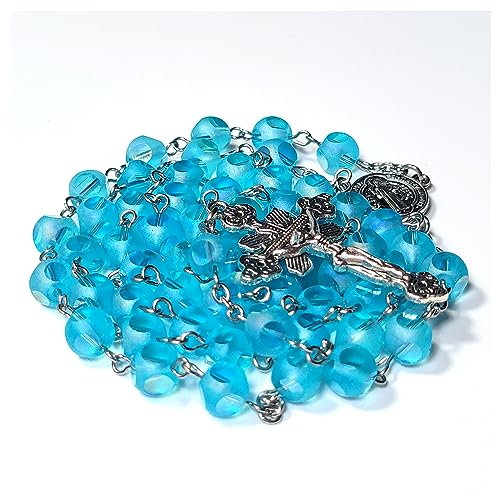 Rosary Beads Chaplet 6 Sided cut Dazzle Artificial Crystal Glass Rosery Cross Catholic gifts Blue