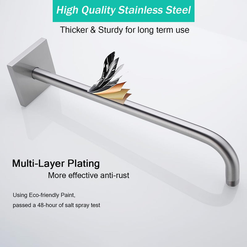 Shower Arm with Flange,16 in Stainless Steel Shower Arm Extension Wall-Mounted For Fixed Shower Head,Rain Shower Head Extender Brushed Nickel,SE-91018-16BN-SQ Large Square Flange-16″Brushed Nickel