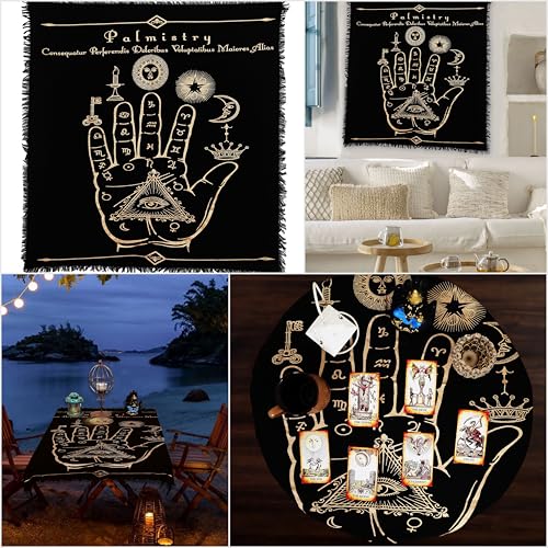 Indian Consigners Palmistry & Zodiac Altar Cloth, Sun Sign Astrology Tarot Reading Mat with Celestial Palm Hand Design, Tablecloth for Tarot Cards, Spiritual Rituals, Meditation & Home Decor