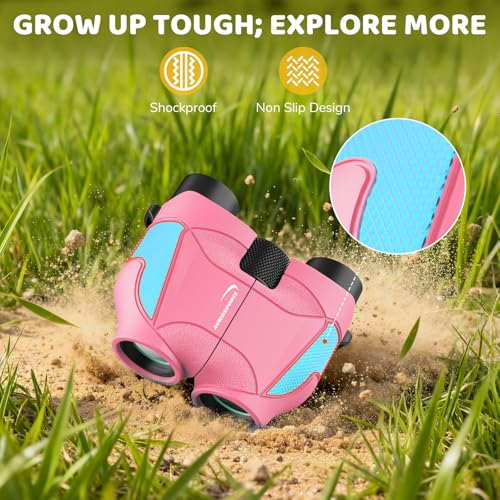 Aurosports 15x25 Compact Binoculars for Kids with Bird Guide Book, Pink